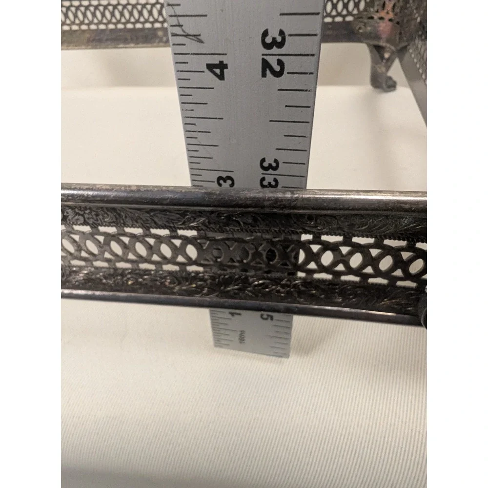MCM Vtg Silver Plate Rectangular Gallery Tray Stand Pierced Reticulated Paw Feet